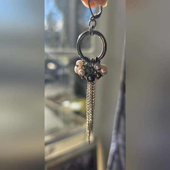 Edgy Gunmetal & Pearl Tassel Drop Earrings – Mixed Multi-Tone - Picture 2 of 8